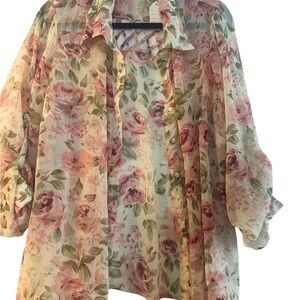 Floral Button-Front Sheer Blouse - Pink Rose